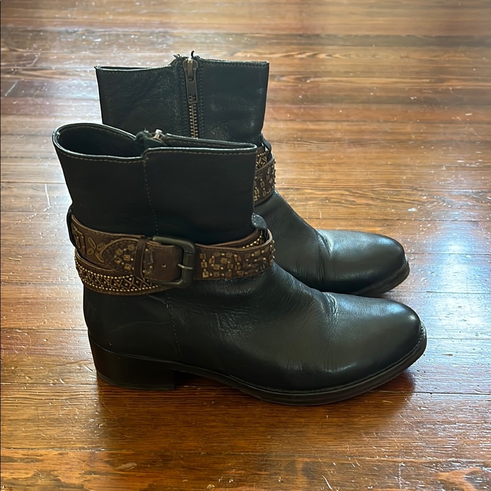 Black Leather Ankle Boots with Brown Buckle